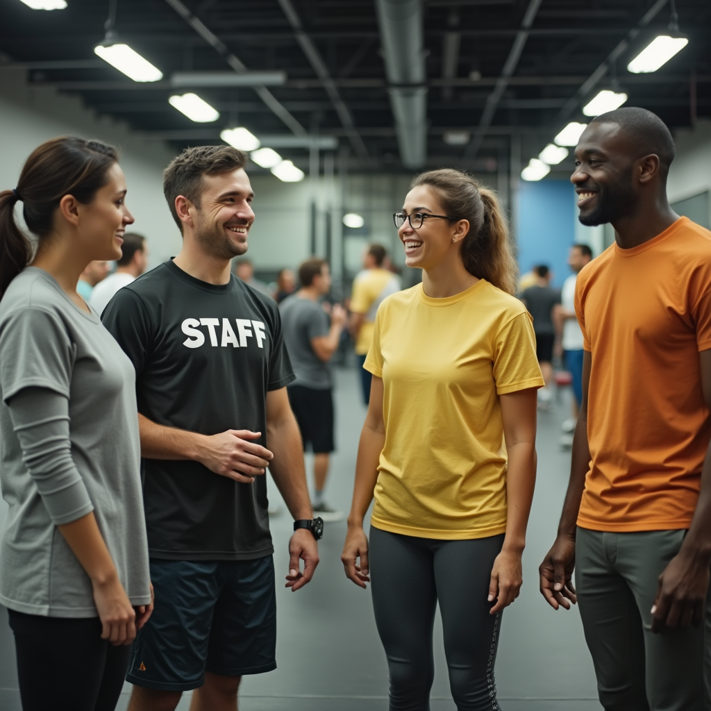 a group of people chatting with a fitness center staff member